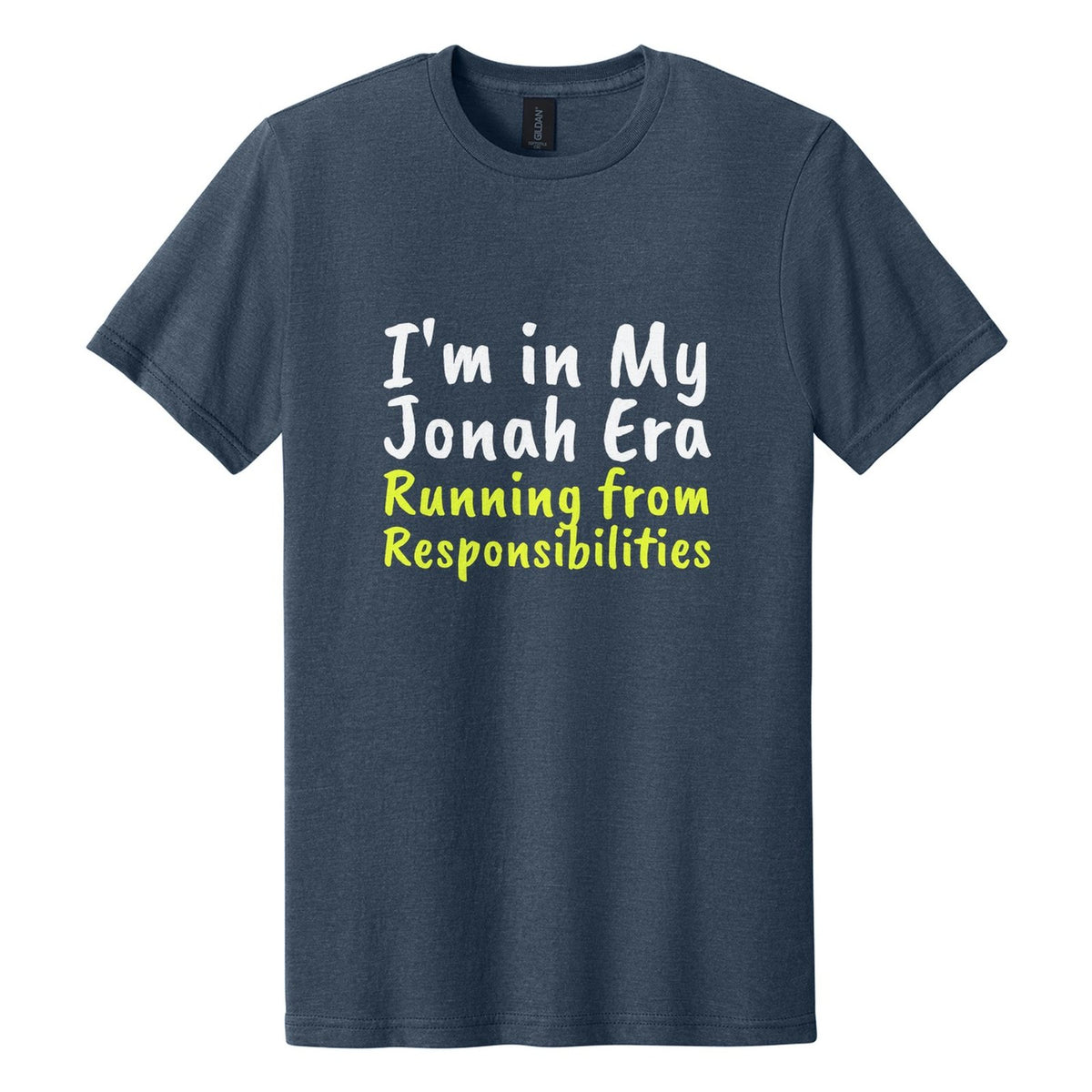 I'm in My Jonah Era. Running from Responsibilities tee in Navy Mist, Caveat Brush font, White + Neon Yellow ink