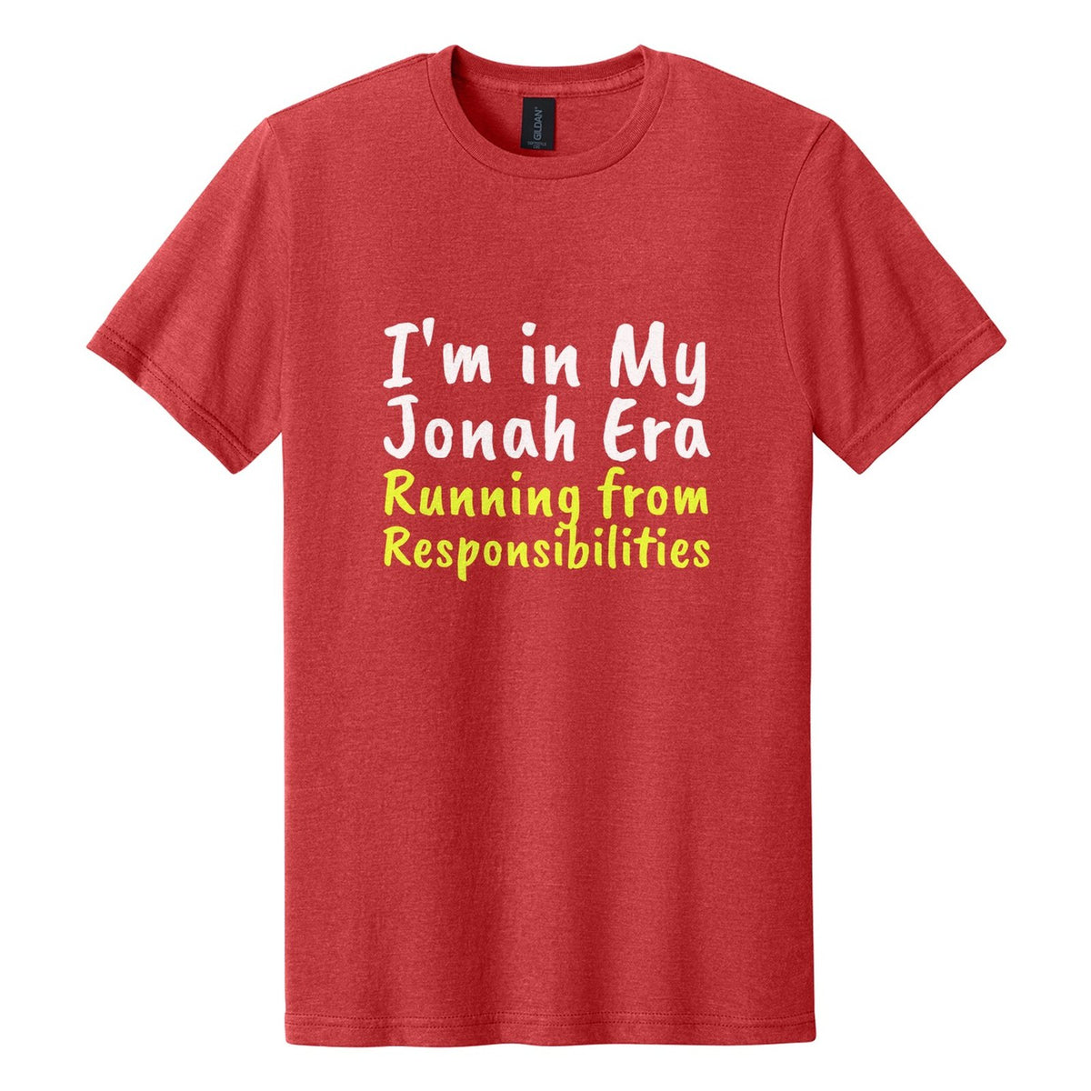 I'm in My Jonah Era. Running from Responsibilities tee in Red Mist, Caveat Brush font, White + Neon Yellow ink