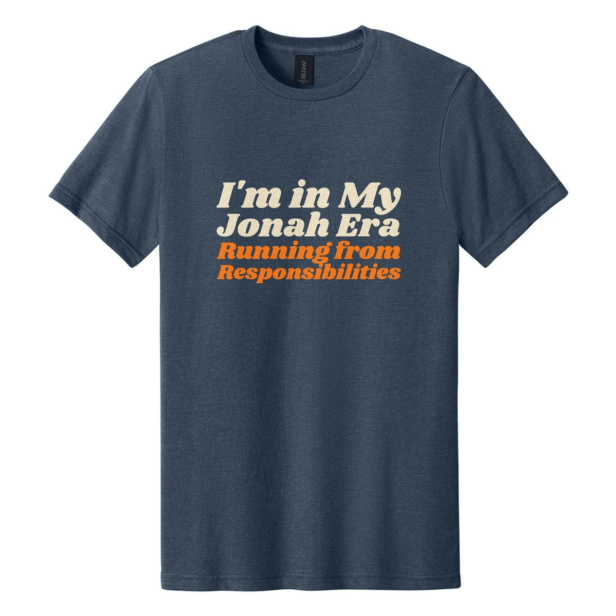 I'm in My Jonah Era. Running from Responsibilities tee in Navy Mist, Shrikhand font, Cream + Orange ink