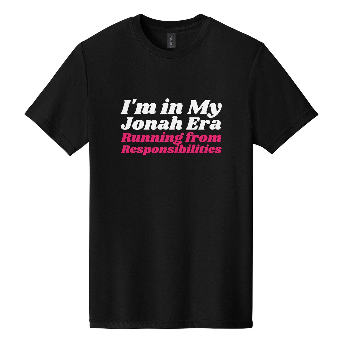 I'm in My Jonah Era. Running from Responsibilities tee in Pitch Black, Shrikhand font, White + Hot Pink ink