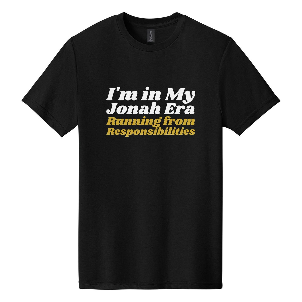 I'm in My Jonah Era. Running from Responsibilities tee in Pitch Black, Shrikhand font, White + Metallic Gold ink
