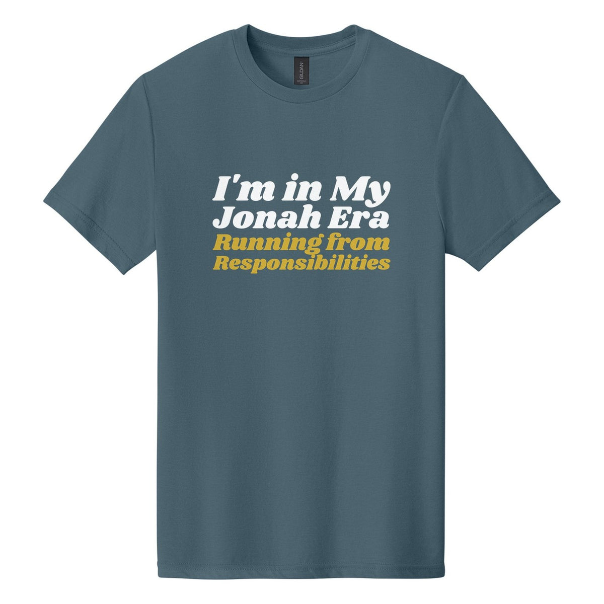 I'm in My Jonah Era. Running from Responsibilities tee in Steel Blue, Shrikhand font, White + Metallic Gold ink