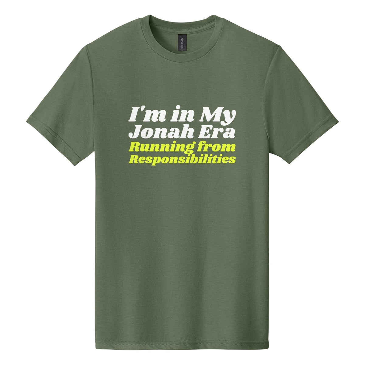 I'm in My Jonah Era. Running from Responsibilities tee in Cactus, Shrikhand font, White + Neon Yellow ink