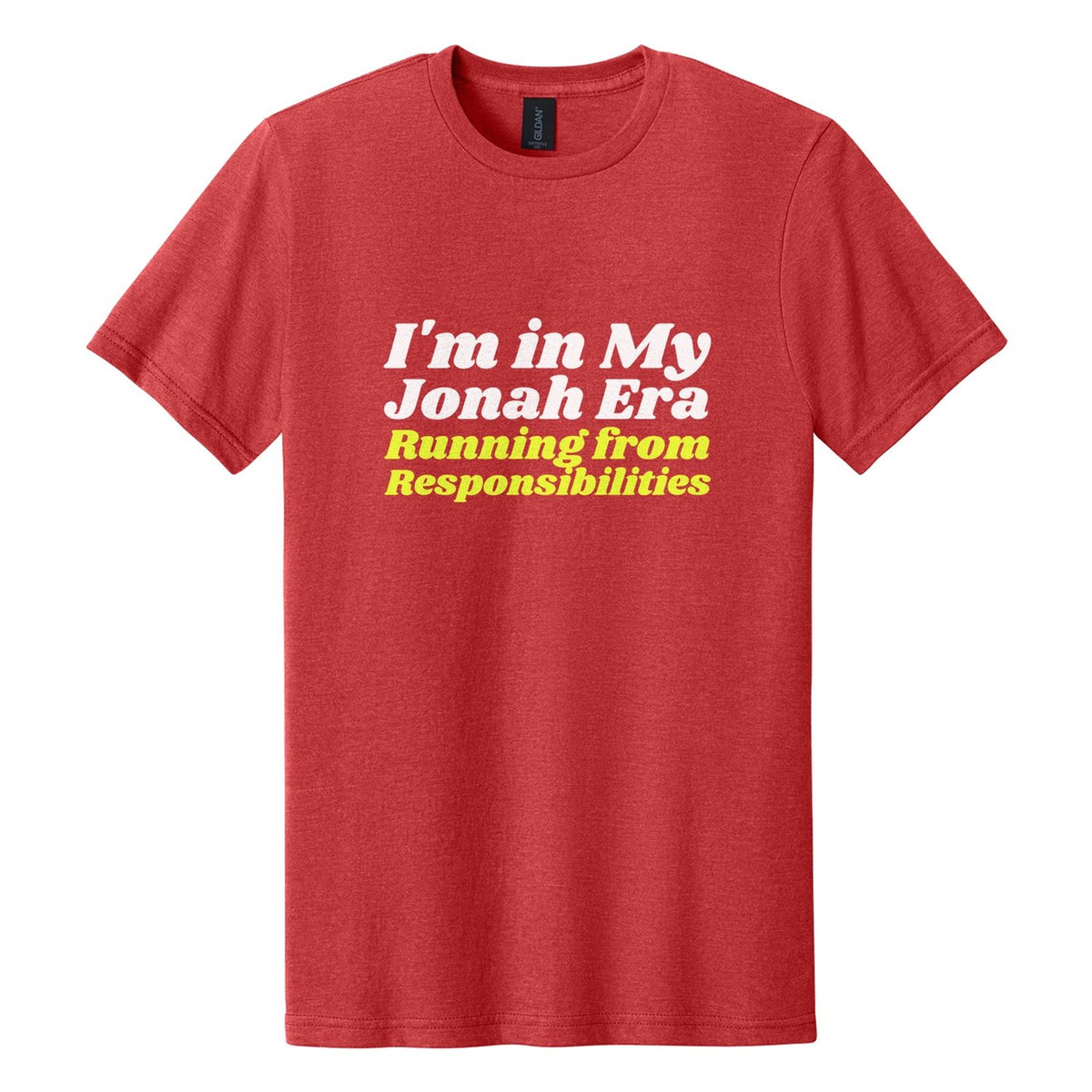 I'm in My Jonah Era. Running from Responsibilities tee in Red Mist, Shrikhand font, White + Neon Yellow ink