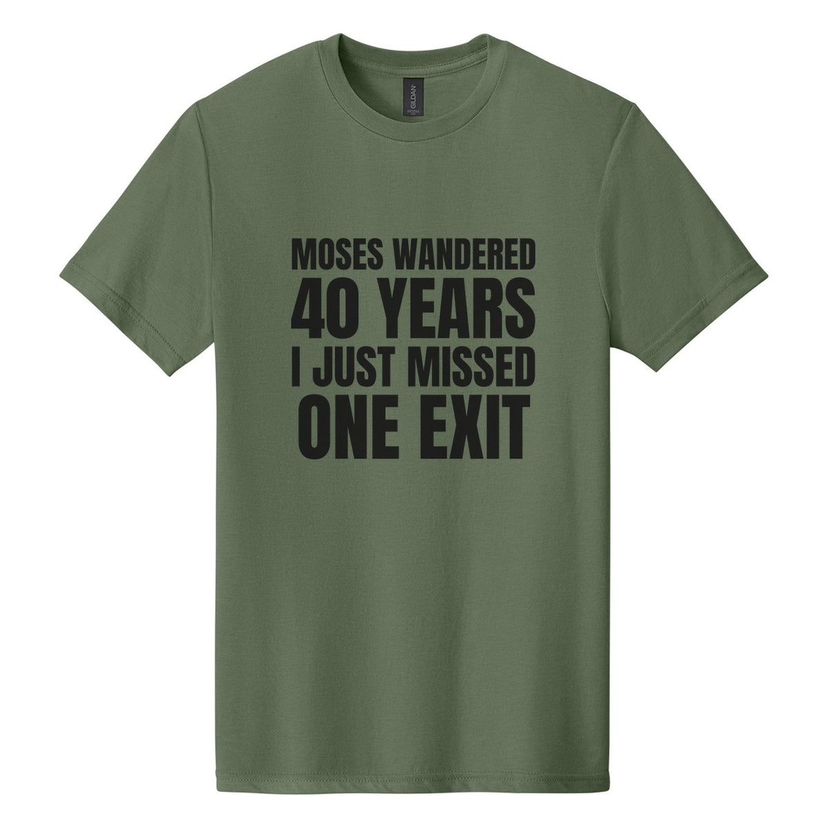 Moses Wandered 40 Years. I Just Missed One Exit tee in Cactus, Anton font, Black ink