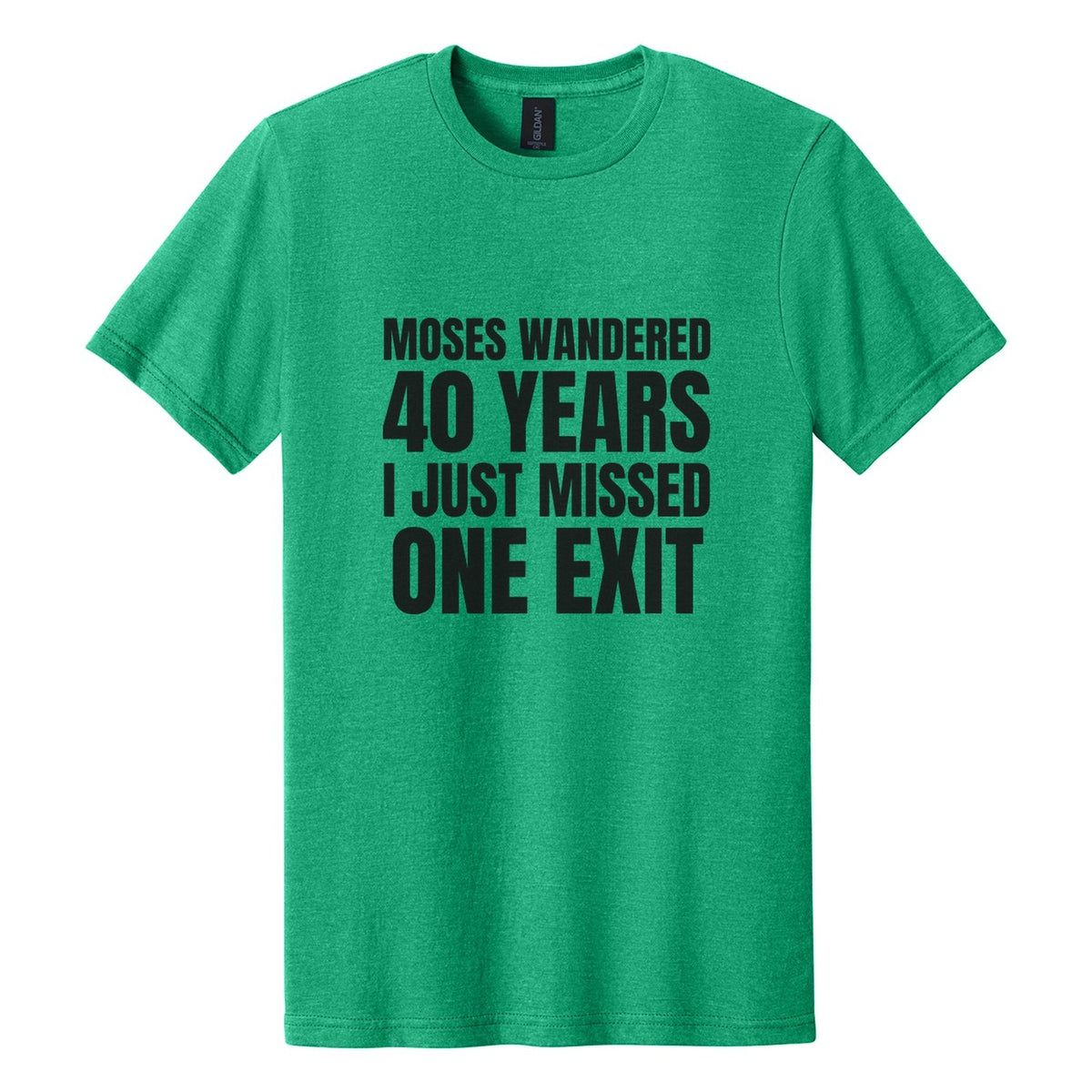 Moses Wandered 40 Years. I Just Missed One Exit tee in Kelly Mist, Anton font, Black ink