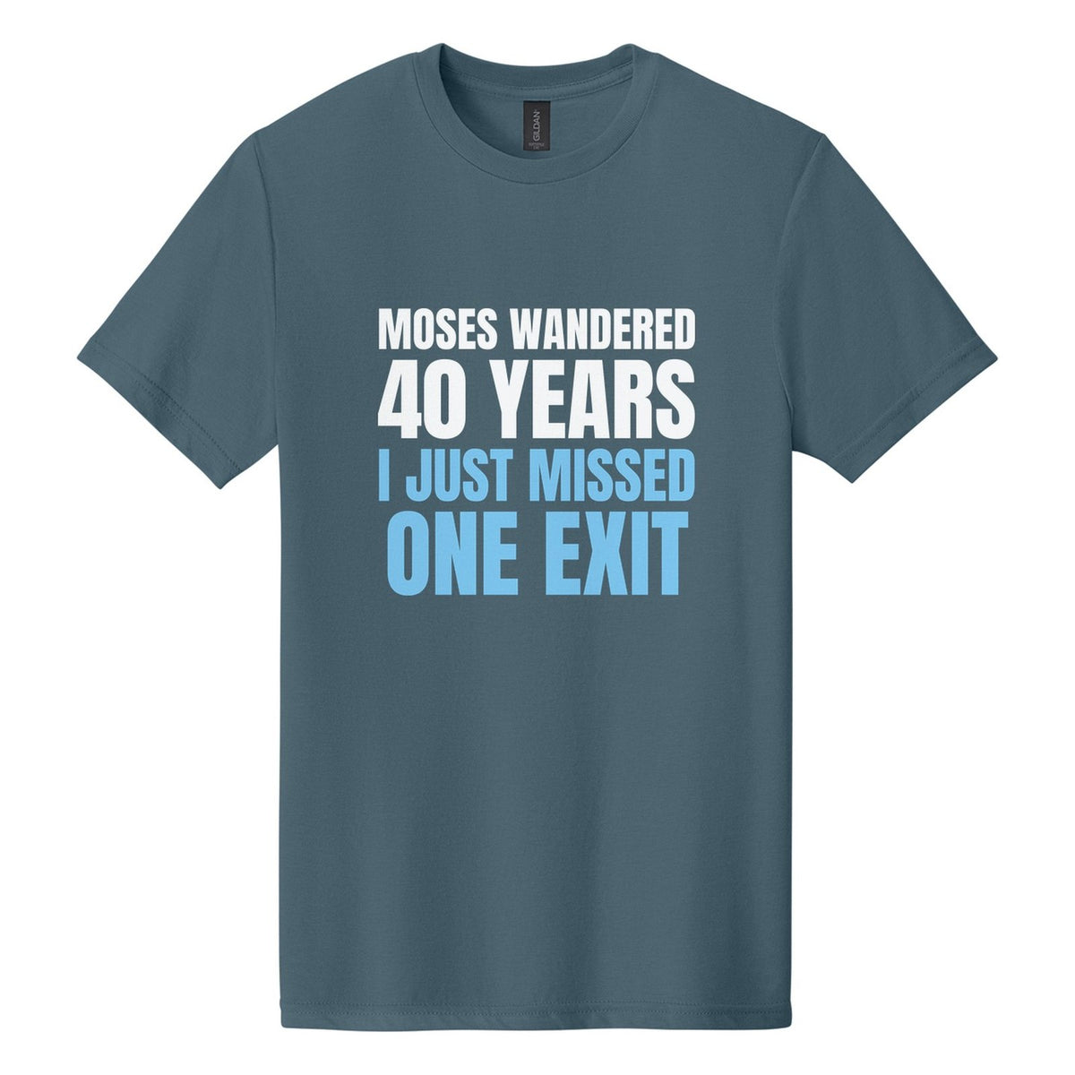 Moses Wandered 40 Years. I Just Missed One Exit tee in Steel Blue, Anton font, White + Sky Blue ink