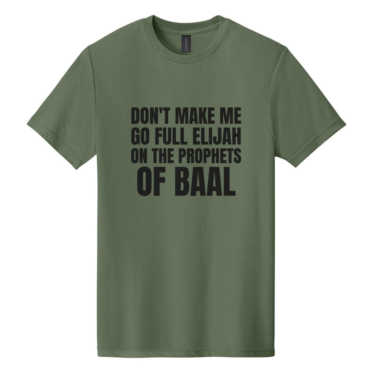 Don't Make Me Go Full Elijah on the Prophets of Baal tee in Cactus, Anton font, Black ink