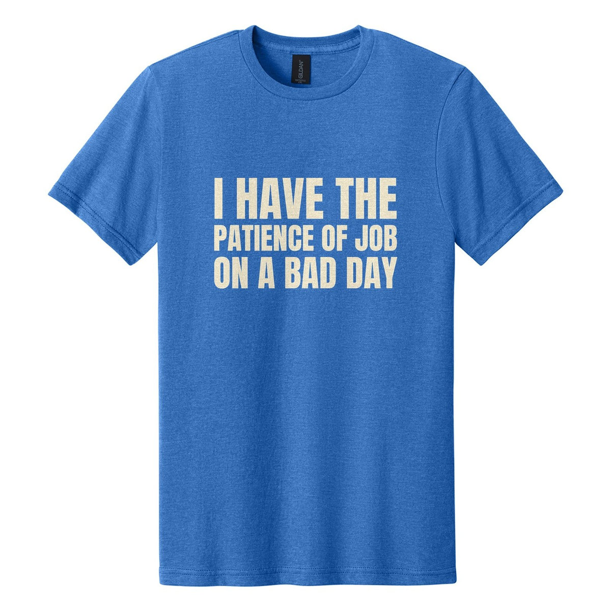 I Have the Patience of Job. On a Bad Day tee in Royal Mist, Anton font, Cream ink