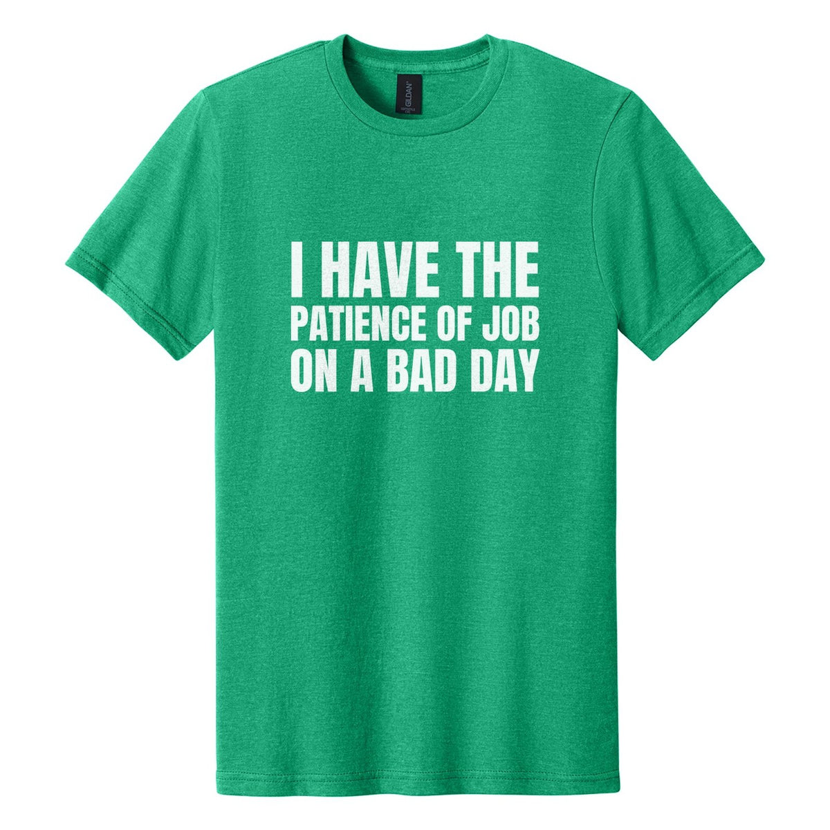 I Have the Patience of Job. On a Bad Day tee in Kelly Mist, Anton font, White ink