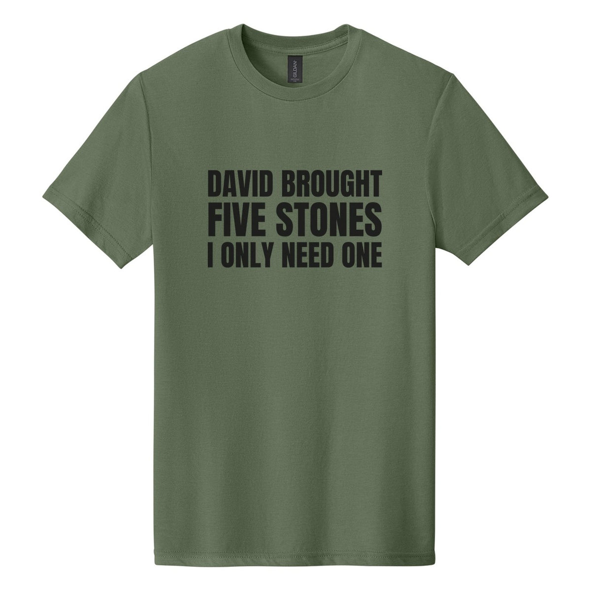 David Brought Five Stones. I Only Need One tee in Cactus, Anton font, Black ink