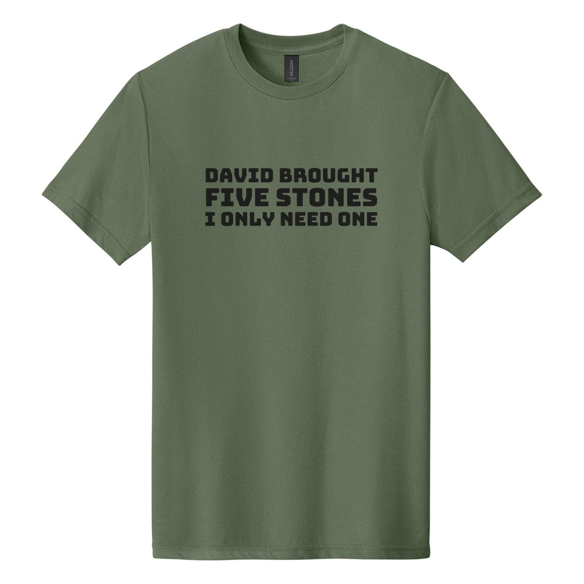 David Brought Five Stones. I Only Need One tee in Cactus, Bungee font, Black ink