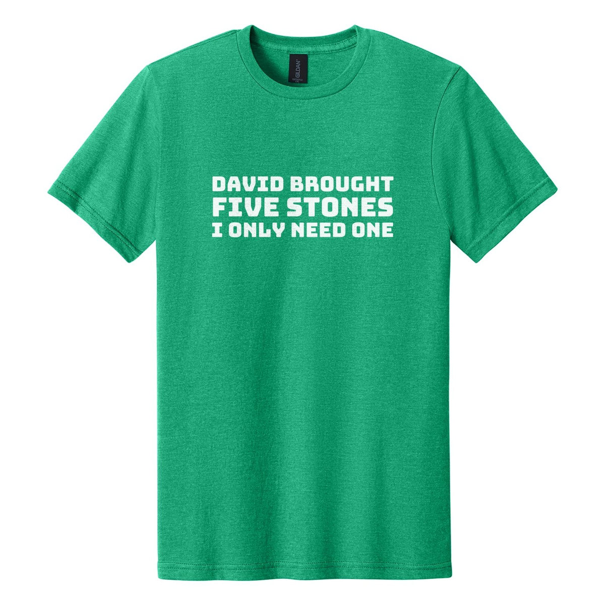 David Brought Five Stones. I Only Need One tee in Kelly Mist, Bungee font, White ink