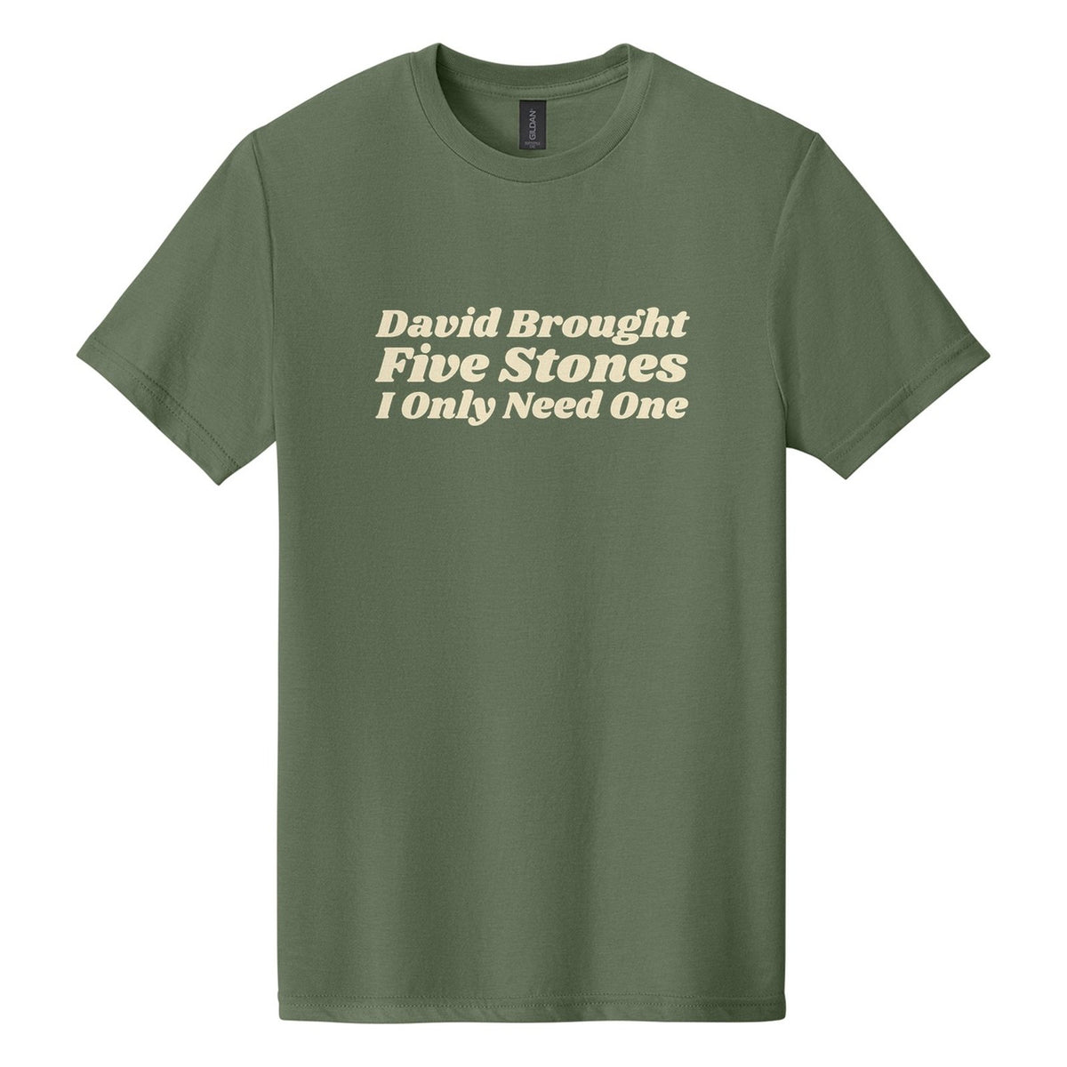 David Brought Five Stones. I Only Need One tee in Cactus, Shrikhand font, Cream ink