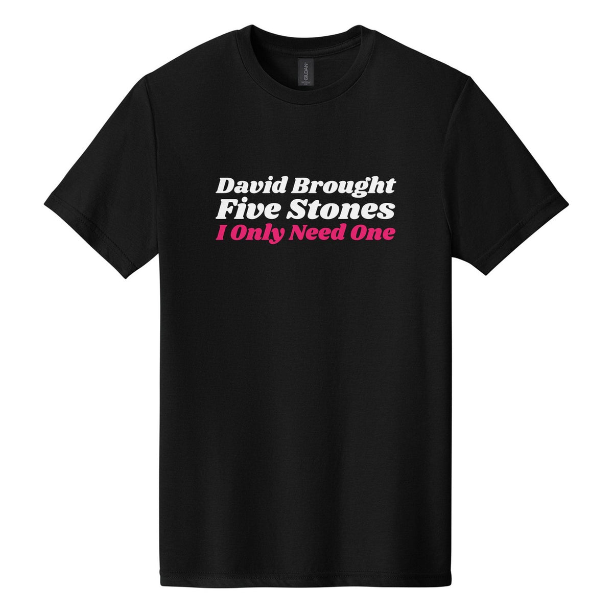 David Brought Five Stones. I Only Need One tee in Pitch Black, Shrikhand font, White + Hot Pink ink
