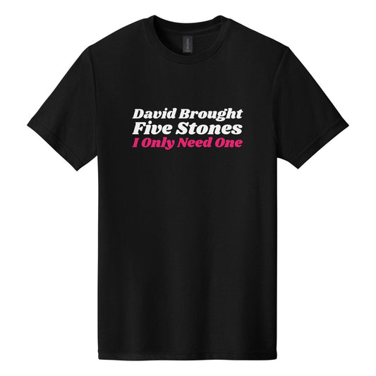 David Brought Five Stones. I Only Need One tee in Pitch Black, Shrikhand font, White + Hot Pink ink