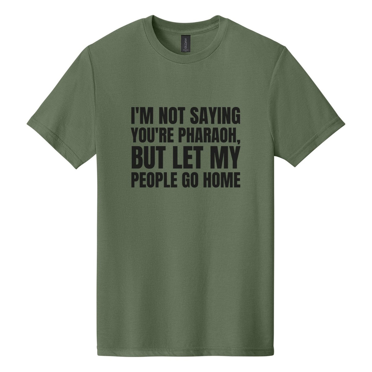 I'm Not Saying You're Pharaoh, but Let My People Go Home tee in Cactus, Anton font, Black ink
