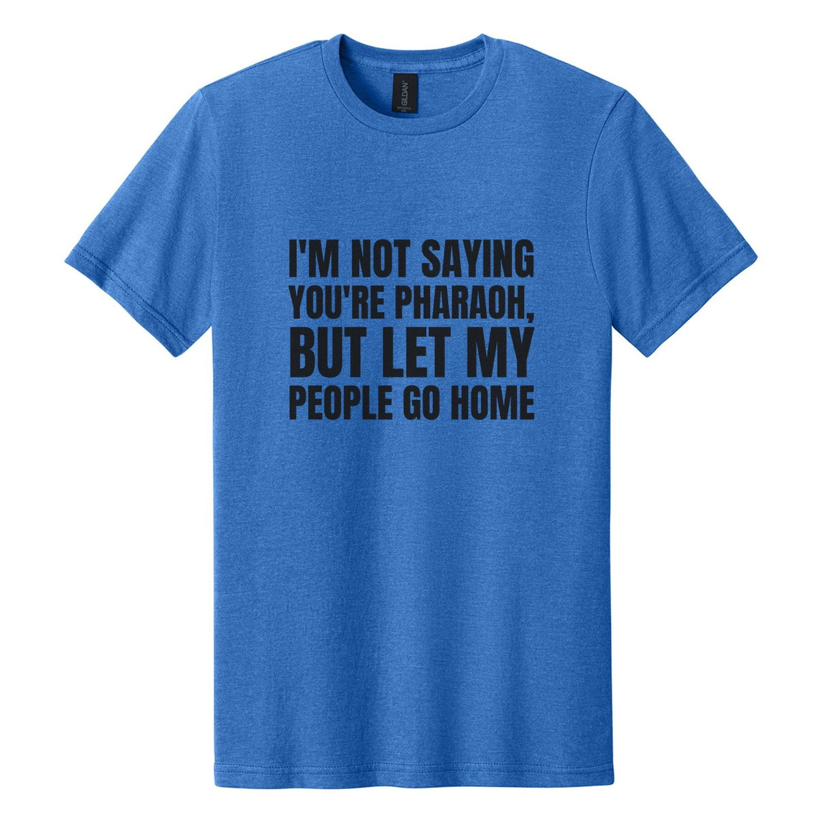 I'm Not Saying You're Pharaoh, but Let My People Go Home tee in Royal Mist, Anton font, Black ink