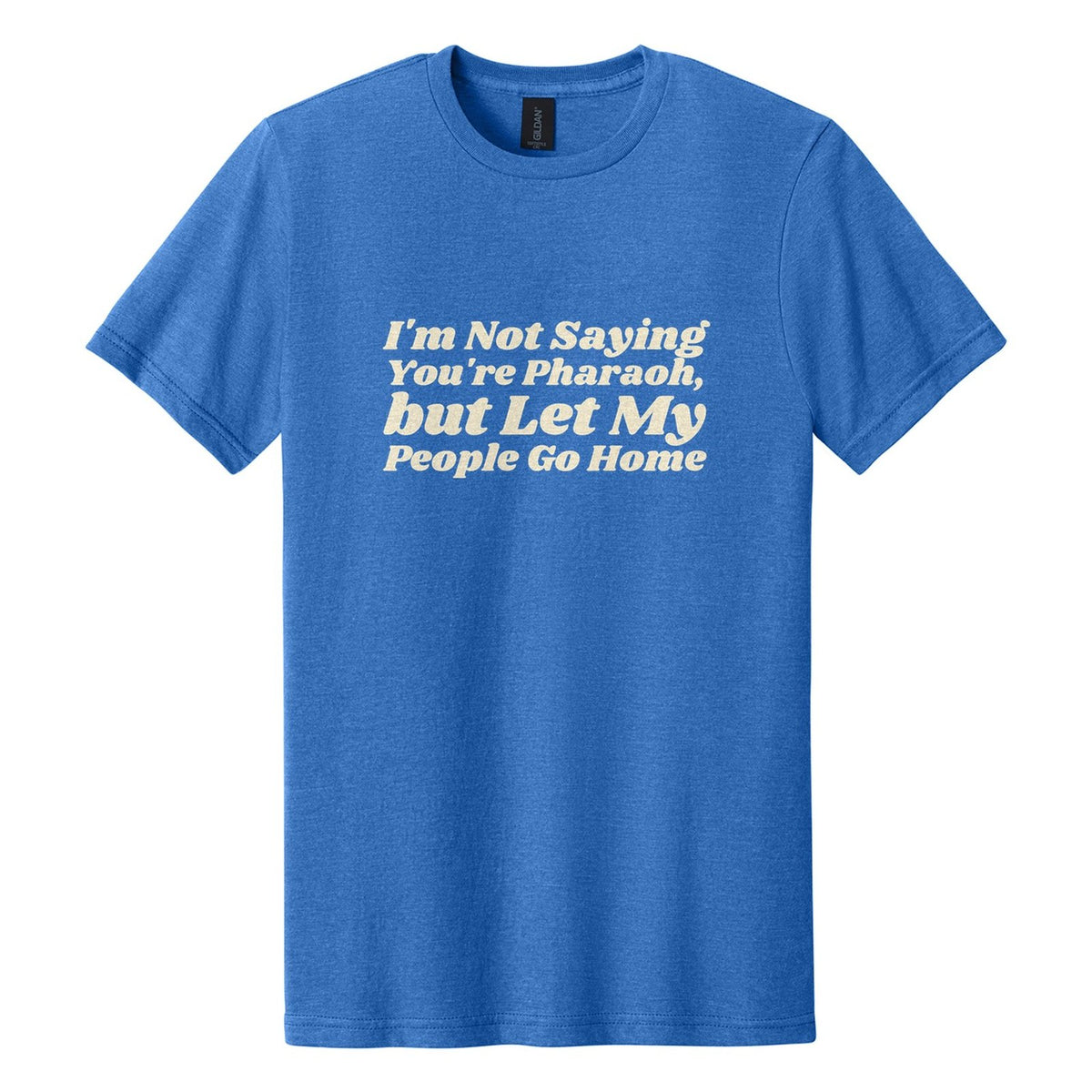 I'm Not Saying You're Pharaoh, but Let My People Go Home tee in Royal Mist, Shrikhand font, Cream ink