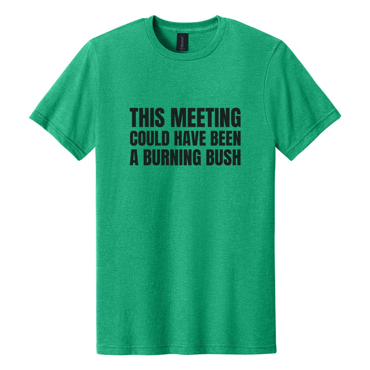 This Meeting Could Have Been a Burning Bush tee in Kelly Mist, Anton font, Black ink