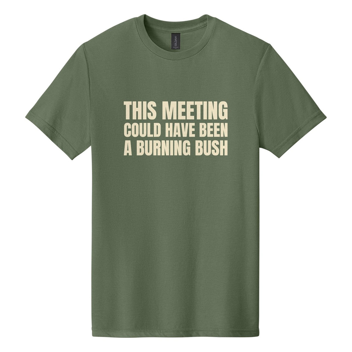 This Meeting Could Have Been a Burning Bush tee in Cactus, Anton font, Cream ink