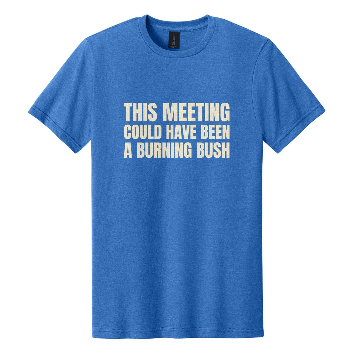 This Meeting Could Have Been a Burning Bush tee in Royal Mist, Anton font, Cream ink