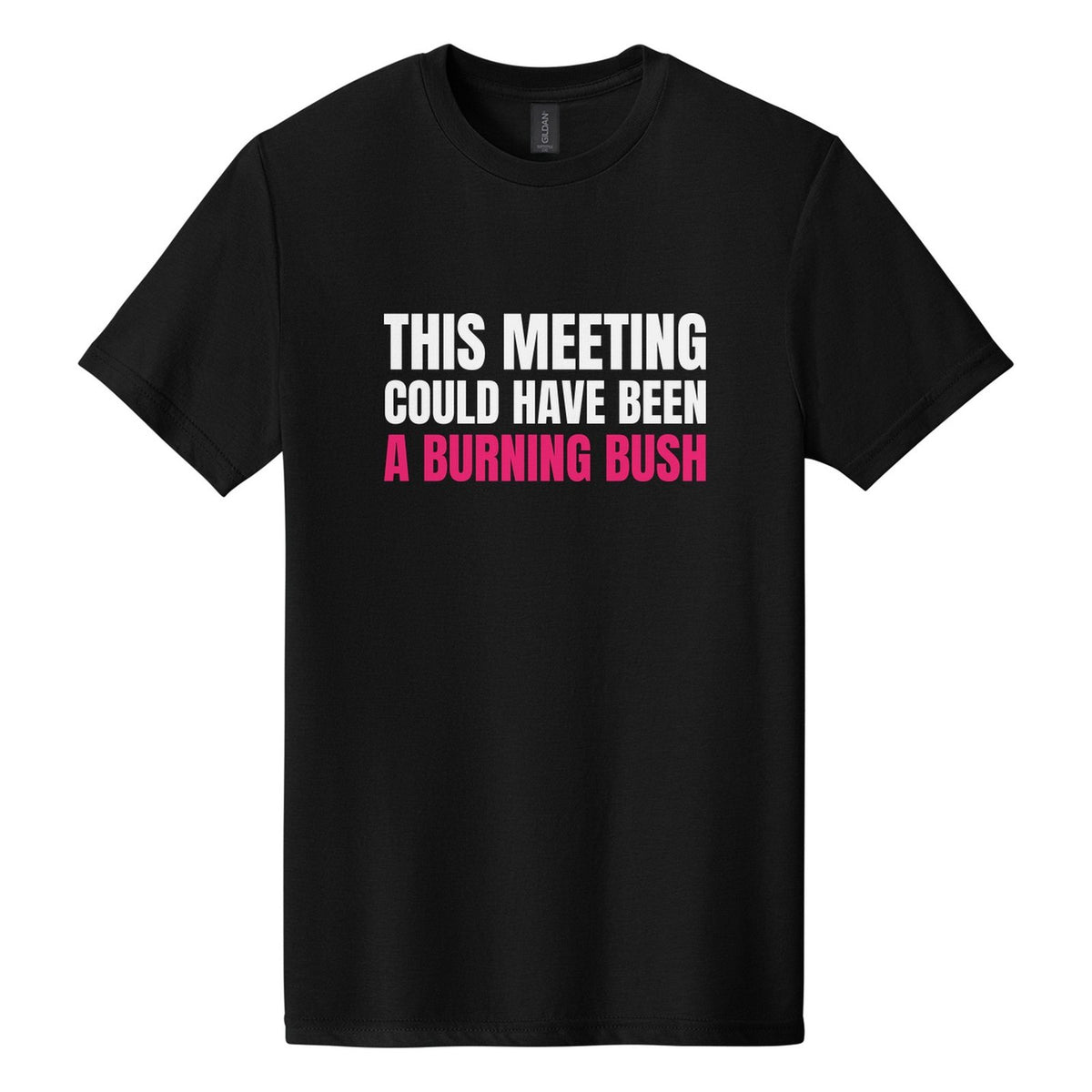 This Meeting Could Have Been a Burning Bush tee in Pitch Black, Anton font, White + Hot Pink ink