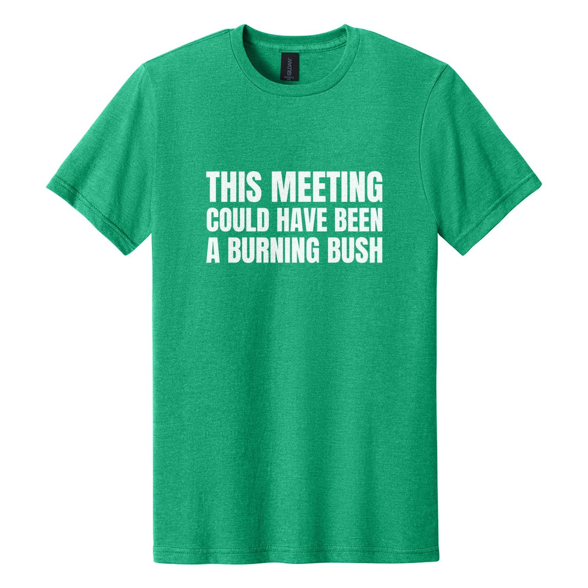 This Meeting Could Have Been a Burning Bush tee in Kelly Mist, Anton font, White ink