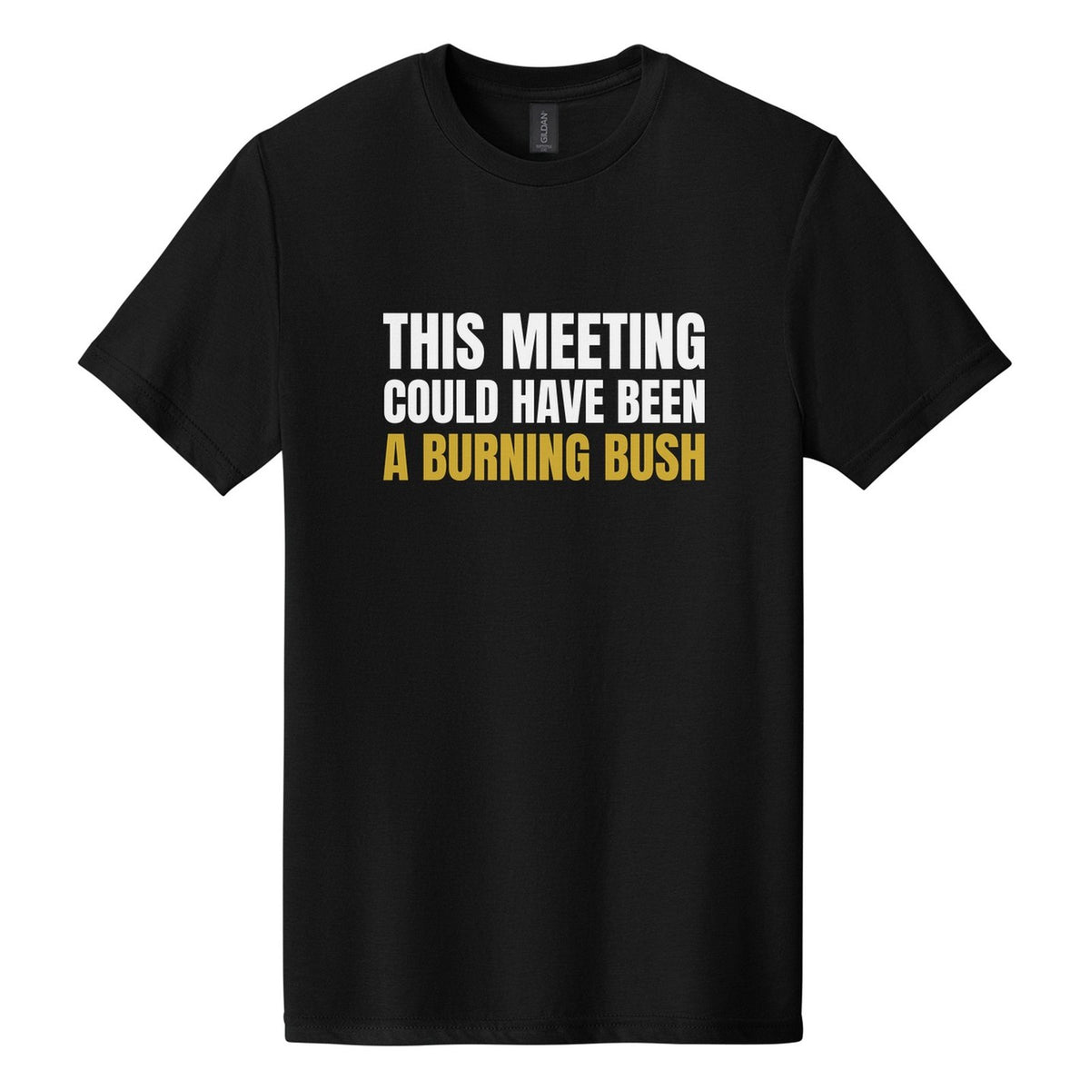 This Meeting Could Have Been a Burning Bush tee in Pitch Black, Anton font, White + Metallic Gold ink