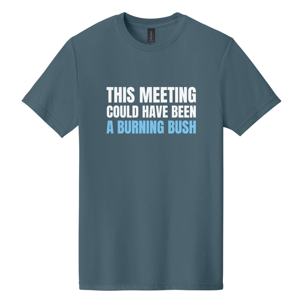 This Meeting Could Have Been a Burning Bush tee in Steel Blue, Anton font, White + Sky Blue ink