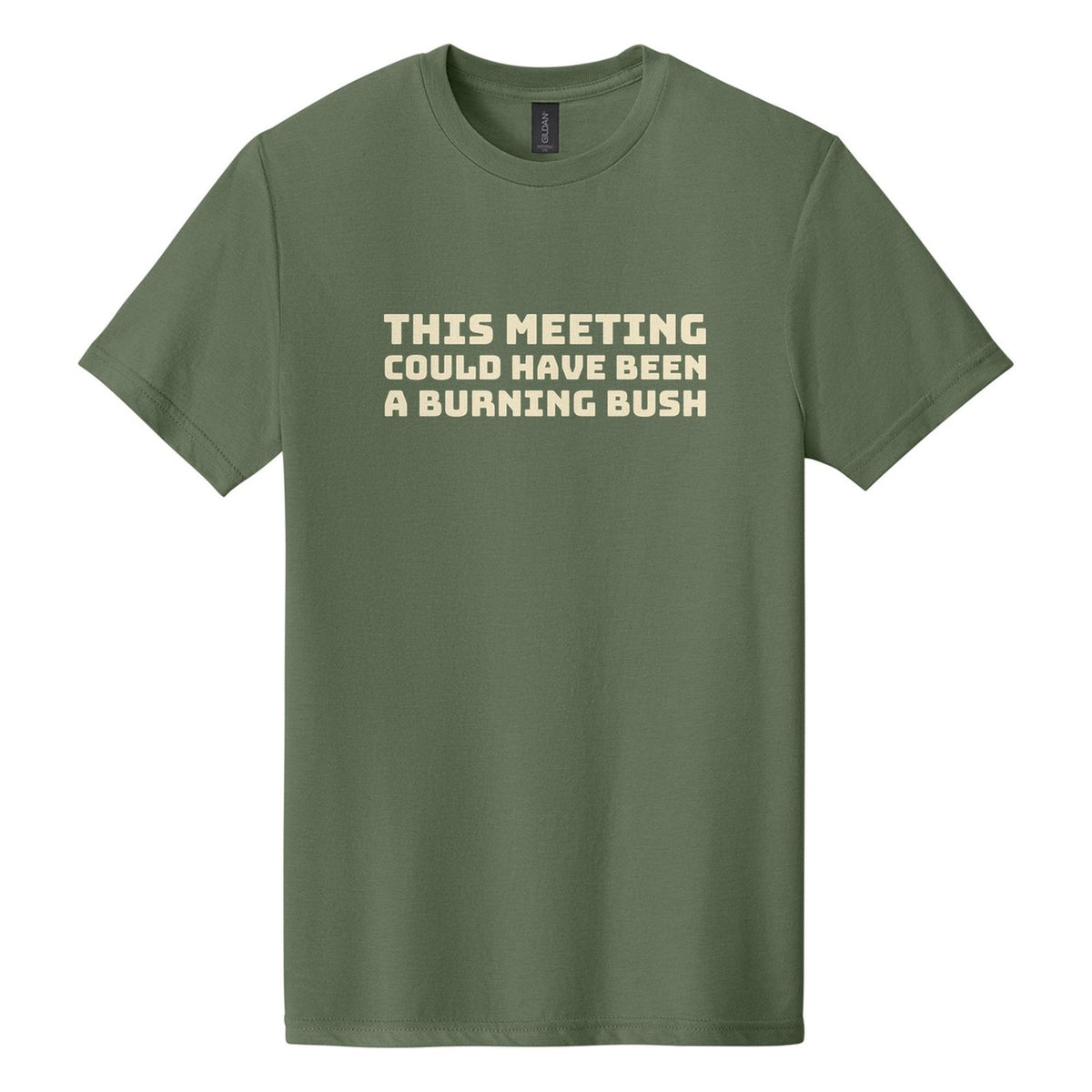 This Meeting Could Have Been a Burning Bush tee in Cactus, Bungee font, Cream ink