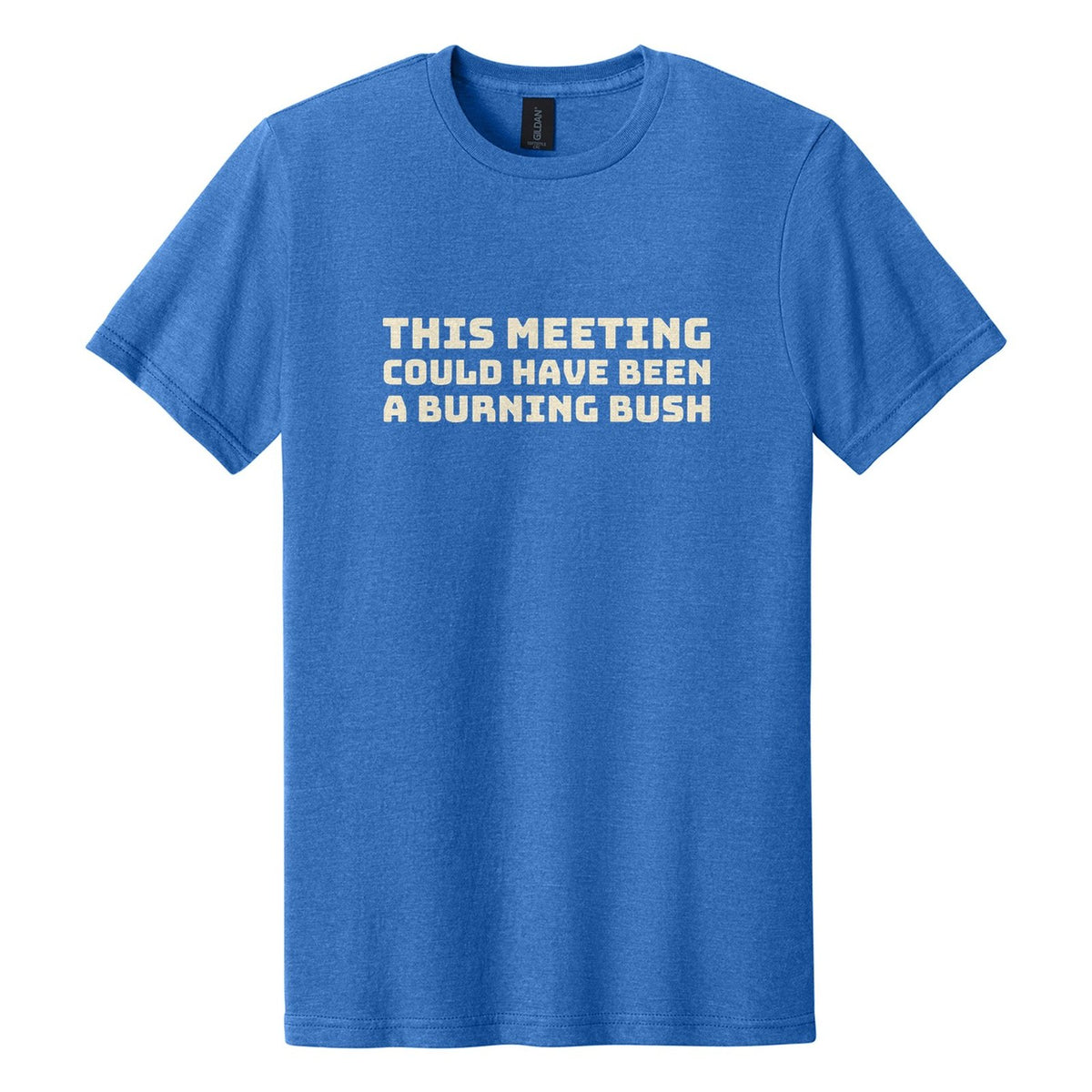 This Meeting Could Have Been a Burning Bush tee in Royal Mist, Bungee font, Cream ink