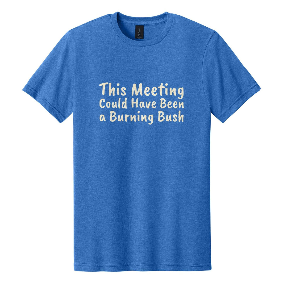This Meeting Could Have Been a Burning Bush tee in Royal Mist, Caveat Brush font, Cream ink
