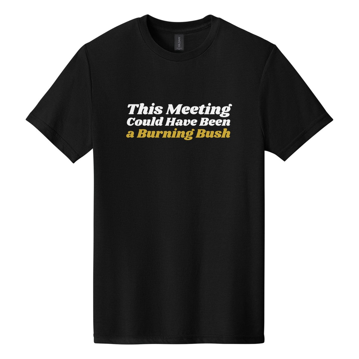 This Meeting Could Have Been a Burning Bush tee in Pitch Black, Shrikhand font, White + Metallic Gold ink