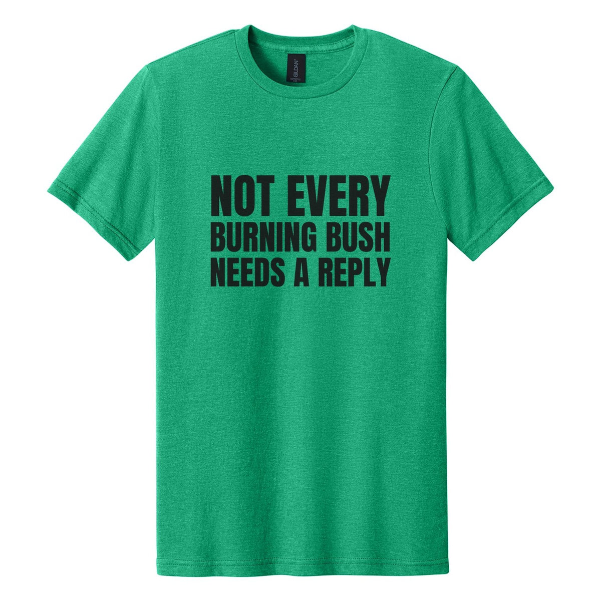 Not Every Burning Bush Needs a Reply tee in Kelly Mist, Anton font, Black ink