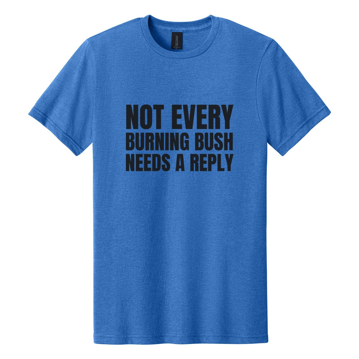 Not Every Burning Bush Needs a Reply tee in Royal Mist, Anton font, Black ink