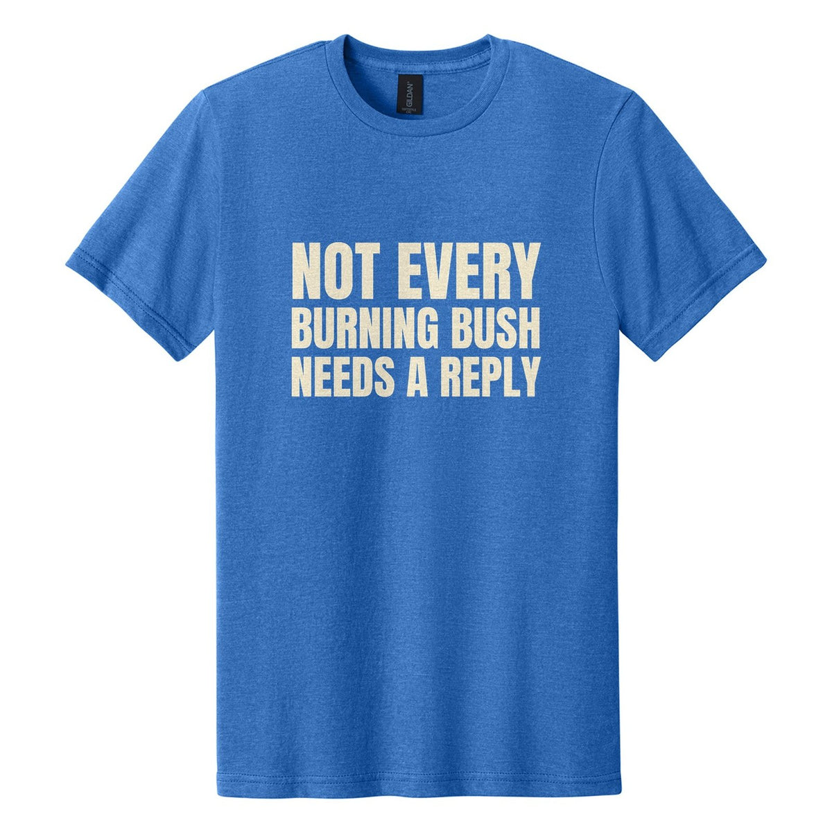 Not Every Burning Bush Needs a Reply tee in Royal Mist, Anton font, Cream ink