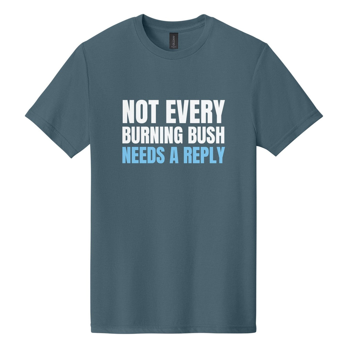 Not Every Burning Bush Needs a Reply tee in Steel Blue, Anton font, White + Sky Blue ink