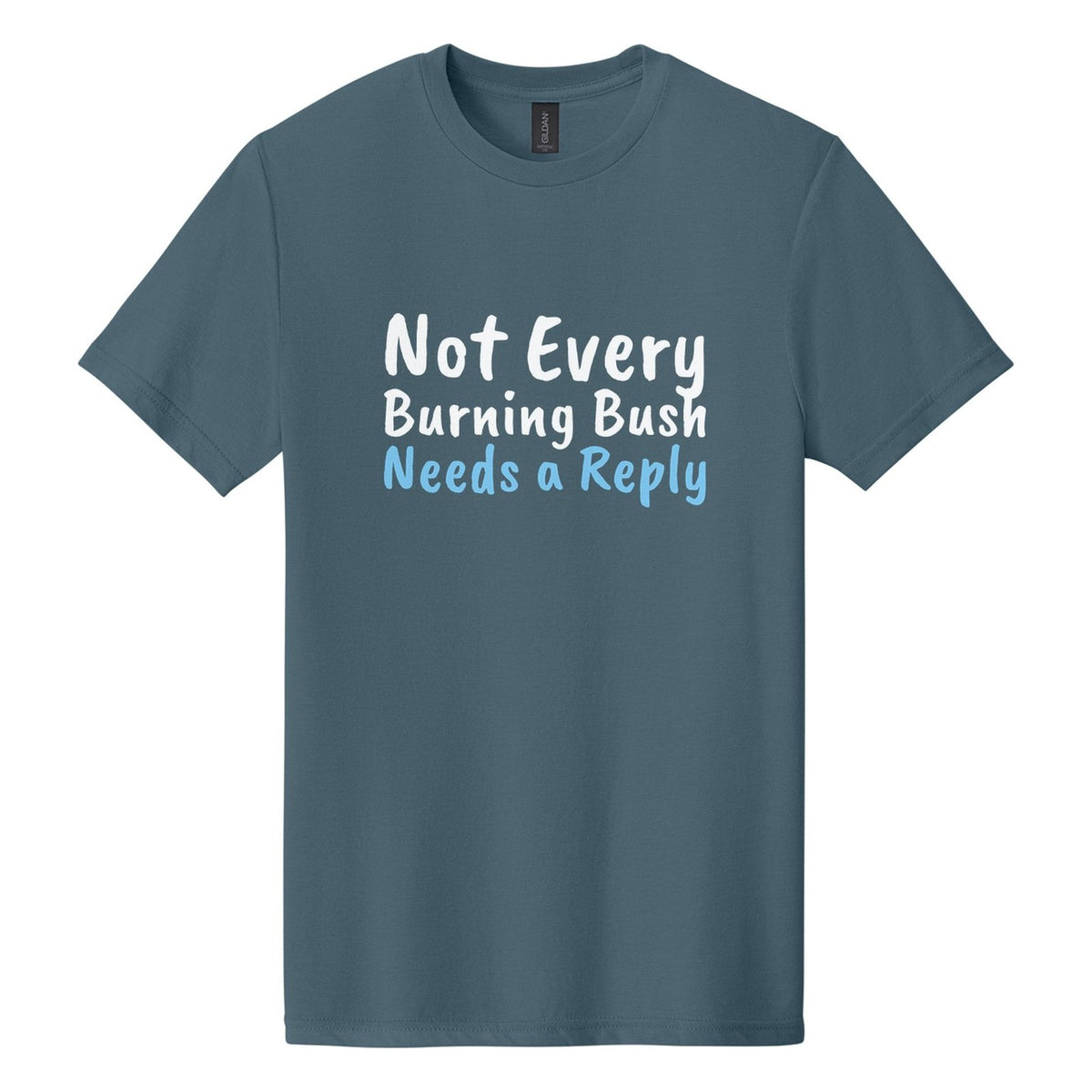Not Every Burning Bush Needs a Reply tee in Steel Blue, Caveat Brush font, White + Sky Blue ink