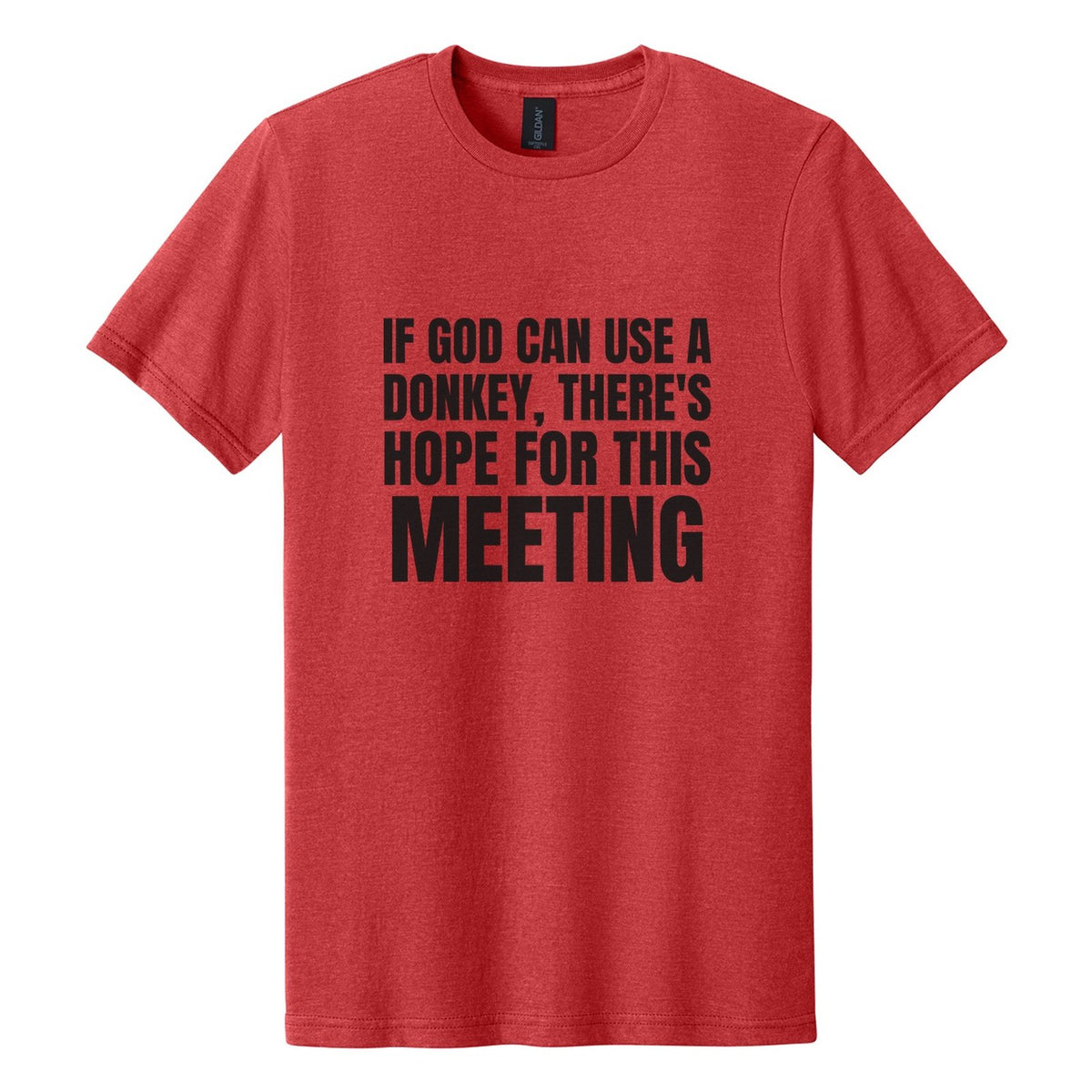 If God Can Use a Donkey, There's Hope for This Meeting tee in Red Mist, Anton font, Black ink