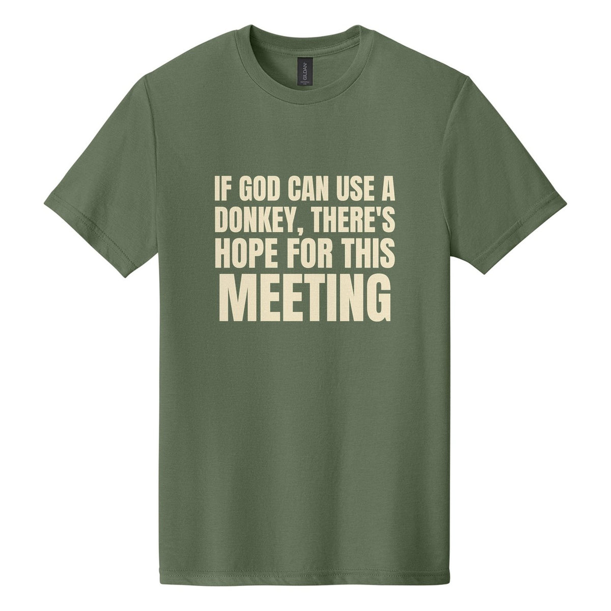 If God Can Use a Donkey, There's Hope for This Meeting tee in Cactus, Anton font, Cream ink