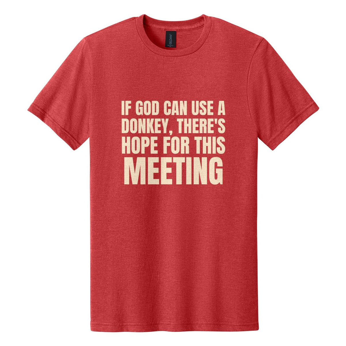 If God Can Use a Donkey, There's Hope for This Meeting tee in Red Mist, Anton font, Cream ink