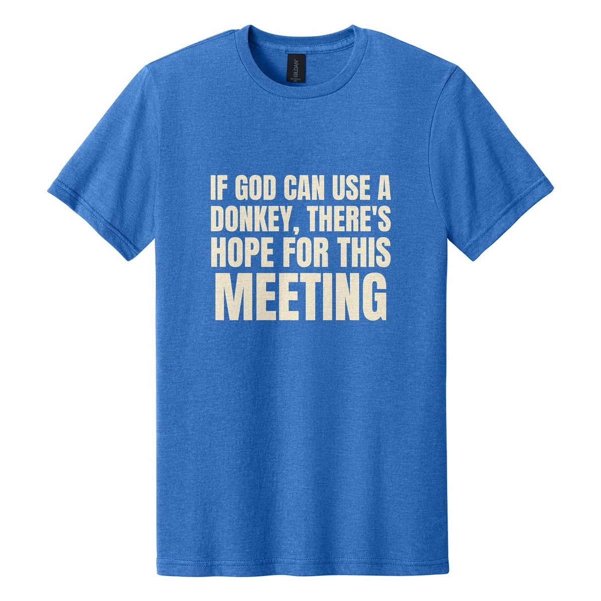 If God Can Use a Donkey, There's Hope for This Meeting tee in Royal Mist, Anton font, Cream ink