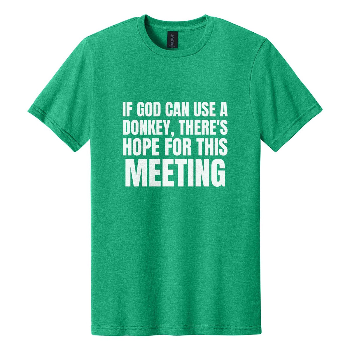 If God Can Use a Donkey, There's Hope for This Meeting tee in Kelly Mist, Anton font, White ink