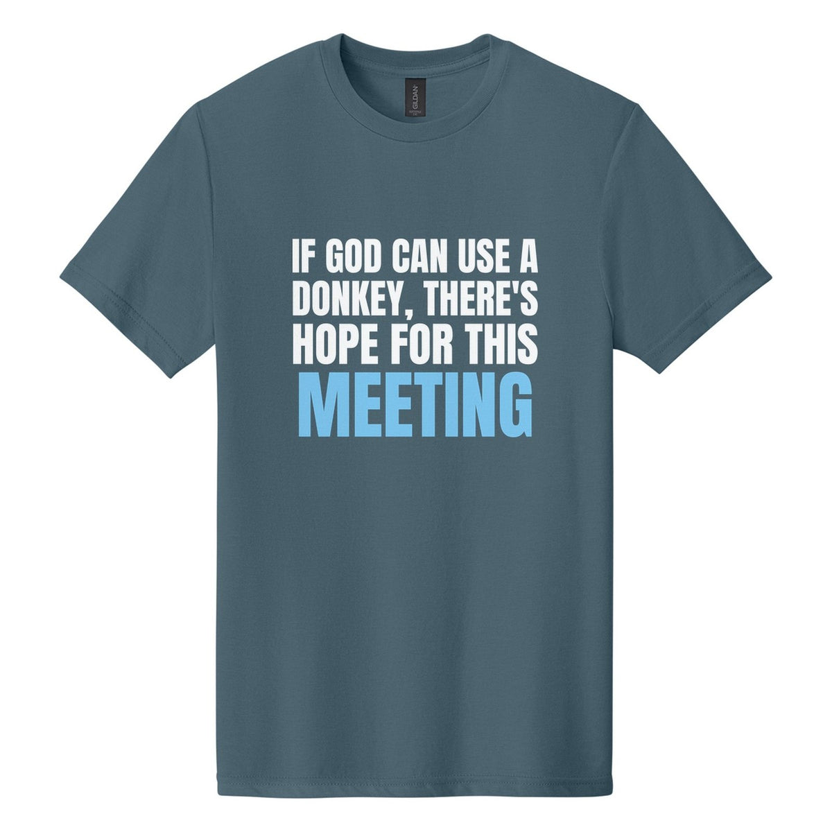 If God Can Use a Donkey, There's Hope for This Meeting tee in Steel Blue, Anton font, White + Sky Blue ink