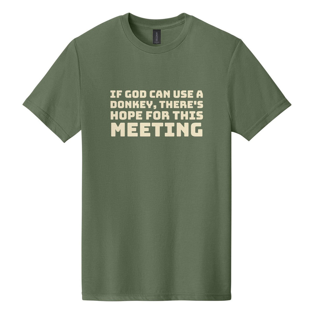 If God Can Use a Donkey, There's Hope for This Meeting tee in Cactus, Bungee font, Cream ink