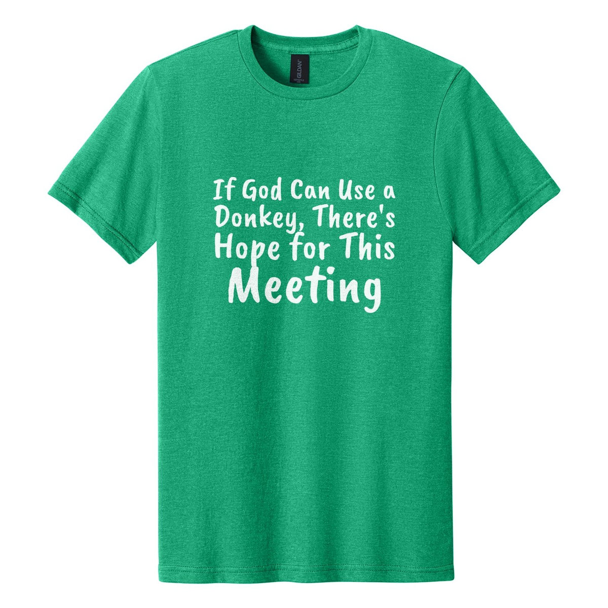 If God Can Use a Donkey, There's Hope for This Meeting tee in Kelly Mist, Caveat Brush font, White ink