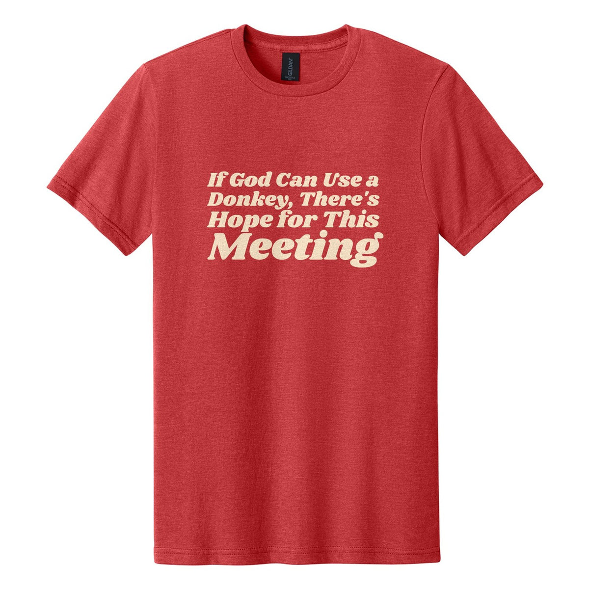 If God Can Use a Donkey, There's Hope for This Meeting tee in Red Mist, Shrikhand font, Cream ink