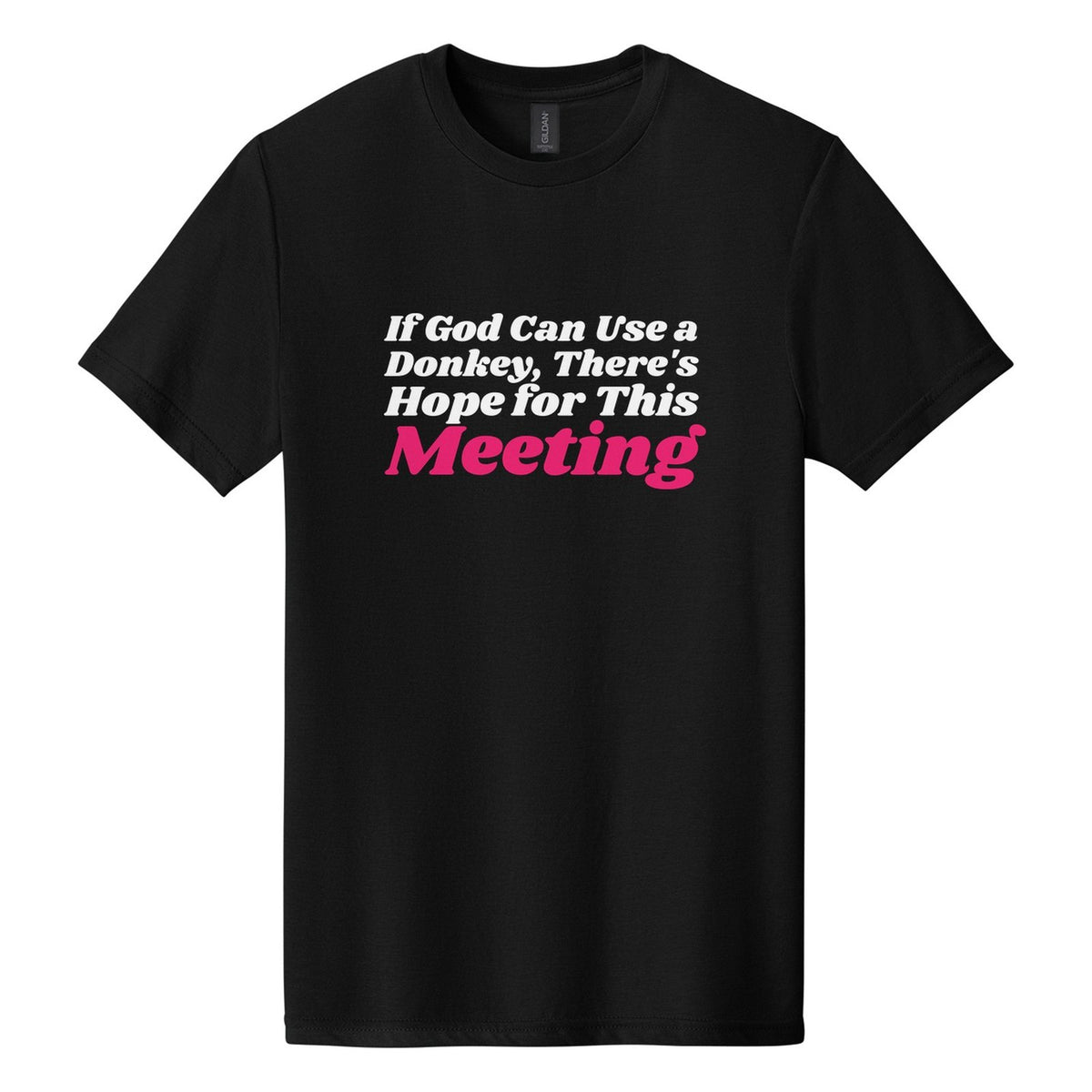 If God Can Use a Donkey, There's Hope for This Meeting tee in Pitch Black, Shrikhand font, White + Hot Pink ink