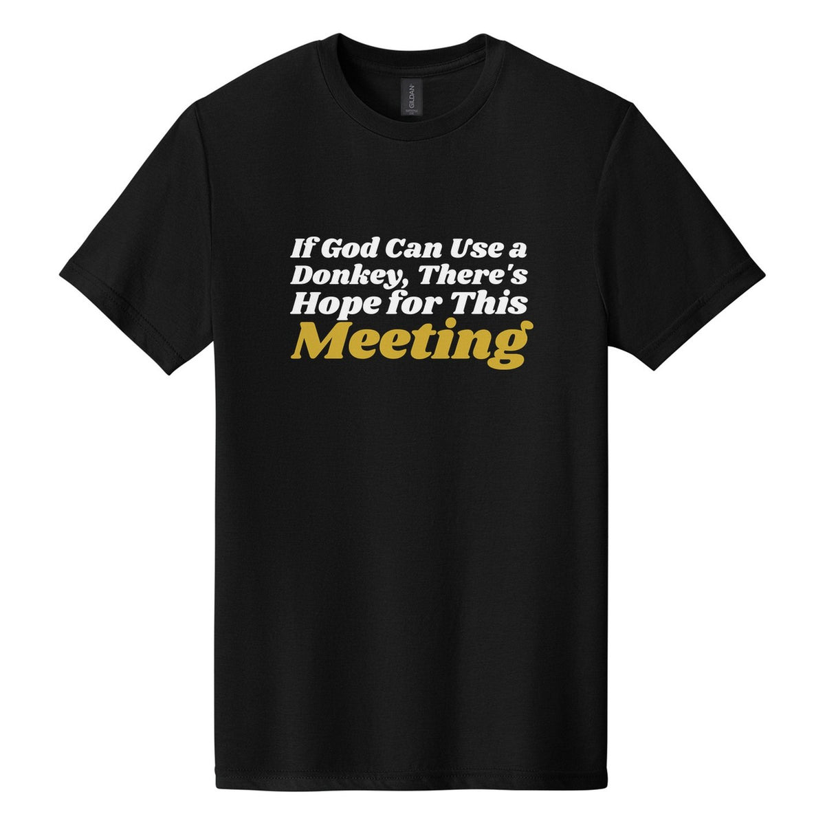If God Can Use a Donkey, There's Hope for This Meeting tee in Pitch Black, Shrikhand font, White + Metallic Gold ink